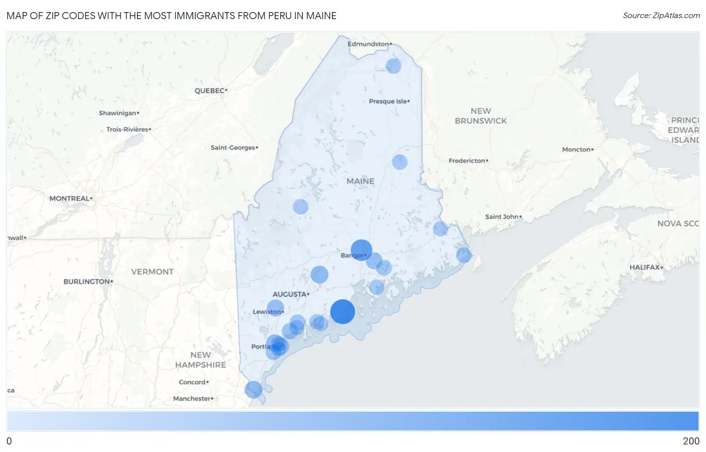 Zip Codes with the Most Immigrants from Peru in Maine Map