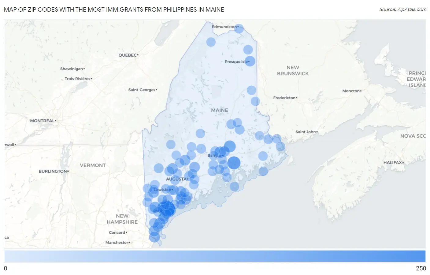 Zip Codes with the Most Immigrants from Philippines in Maine Map