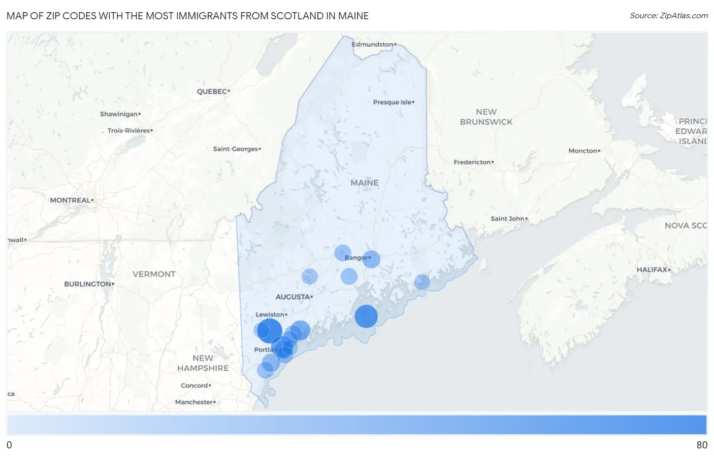 Zip Codes with the Most Immigrants from Scotland in Maine Map