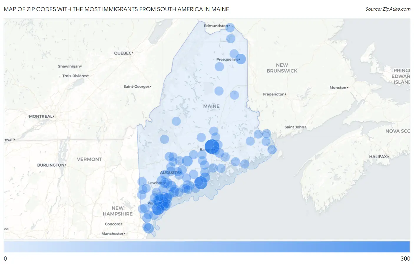 Zip Codes with the Most Immigrants from South America in Maine Map