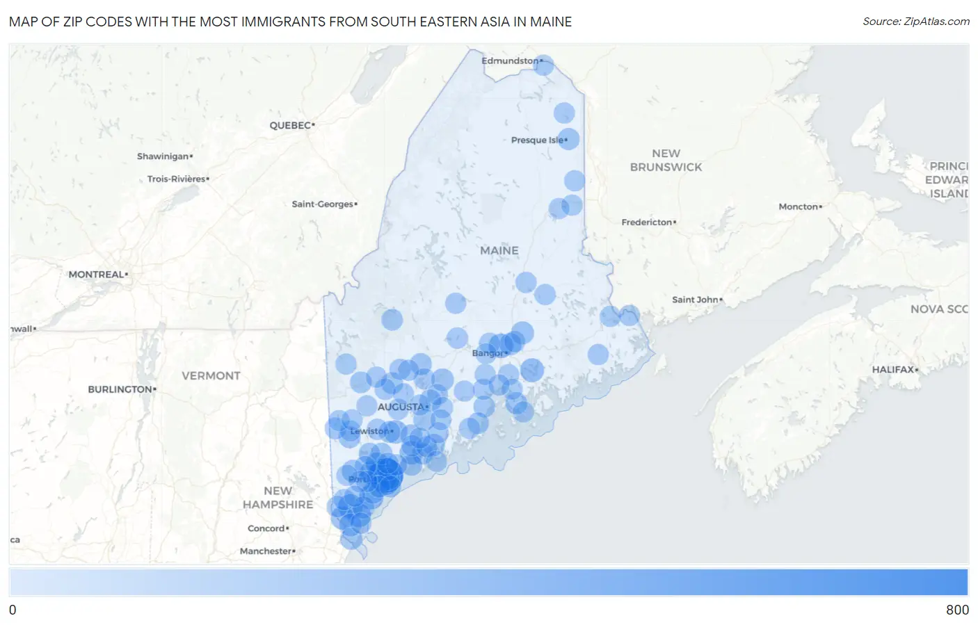 Zip Codes with the Most Immigrants from South Eastern Asia in Maine Map