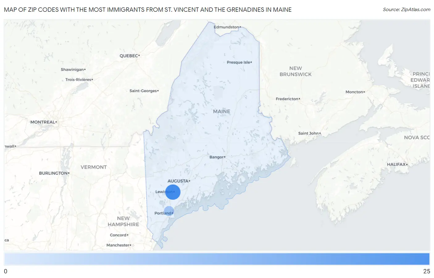 Zip Codes with the Most Immigrants from St. Vincent and the Grenadines in Maine Map