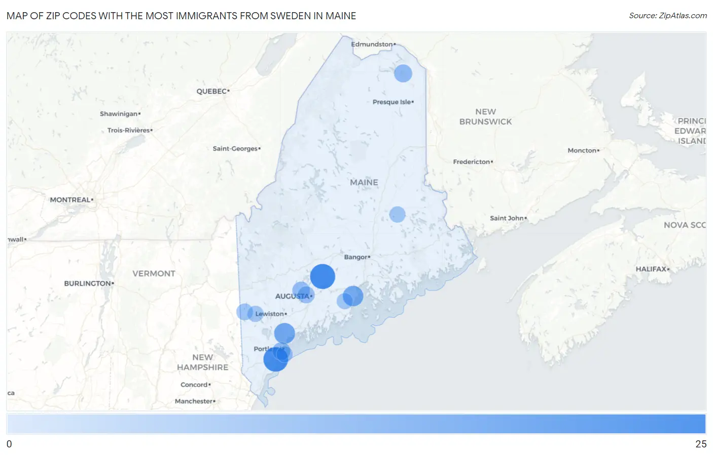 Zip Codes with the Most Immigrants from Sweden in Maine Map