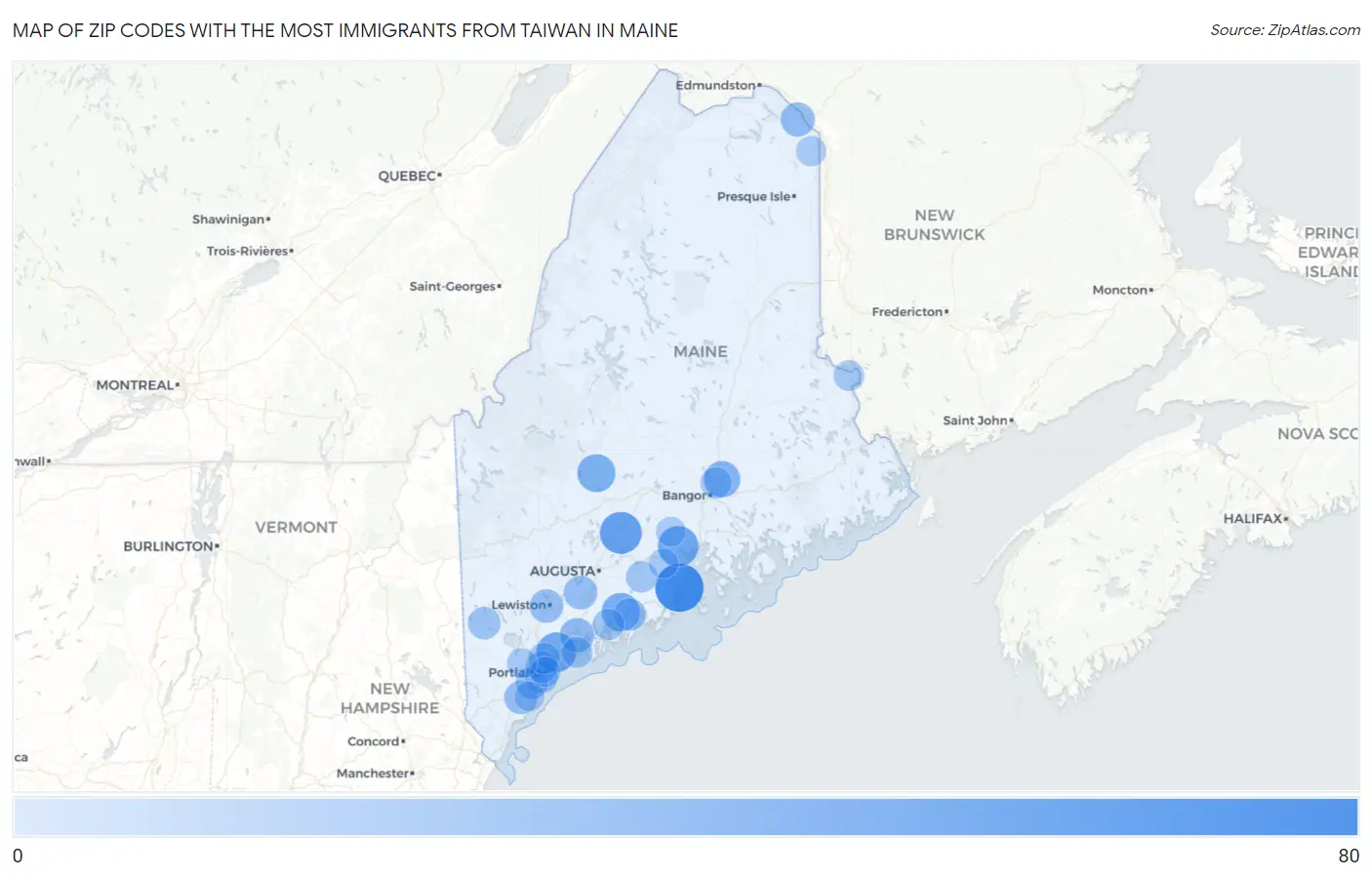 Zip Codes with the Most Immigrants from Taiwan in Maine Map