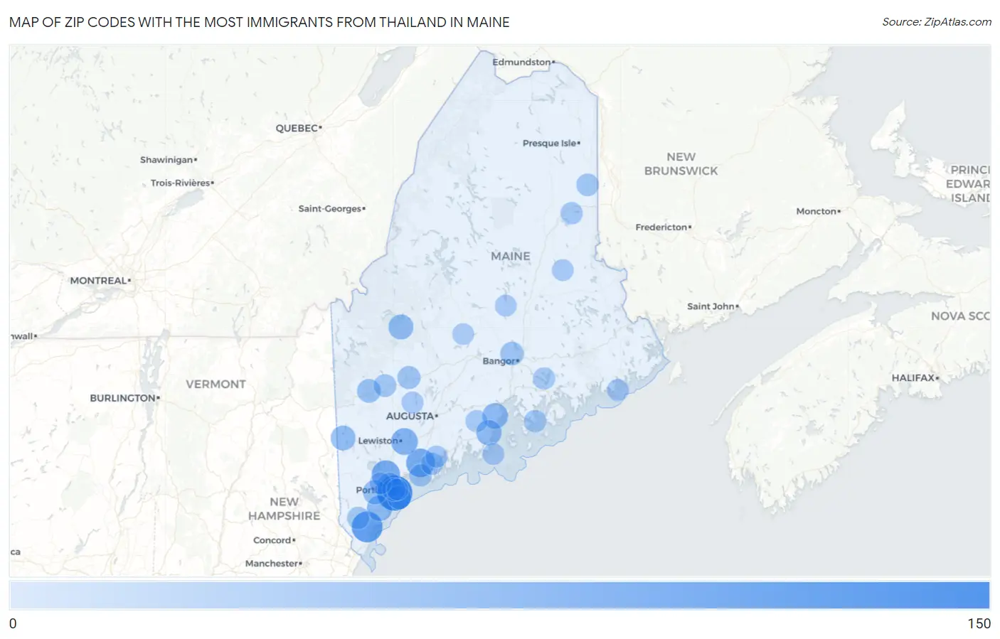 Zip Codes with the Most Immigrants from Thailand in Maine Map