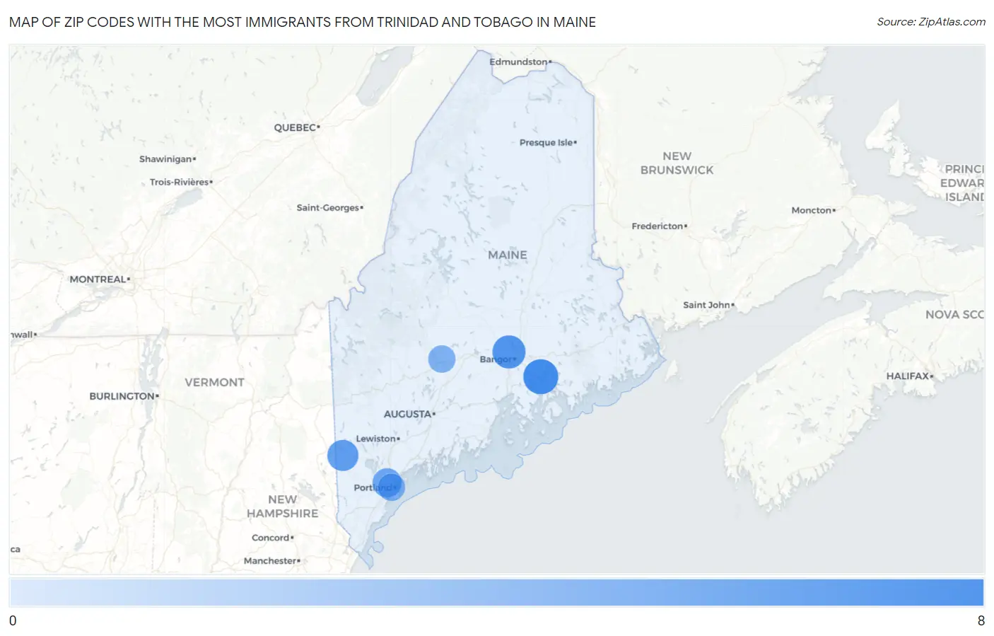 Zip Codes with the Most Immigrants from Trinidad and Tobago in Maine Map