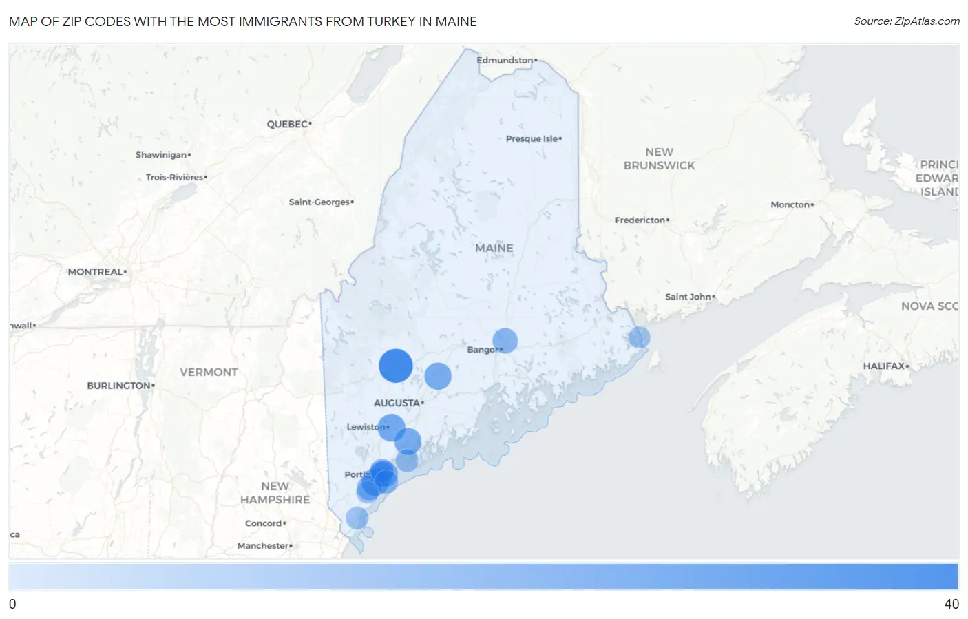 Zip Codes with the Most Immigrants from Turkey in Maine Map