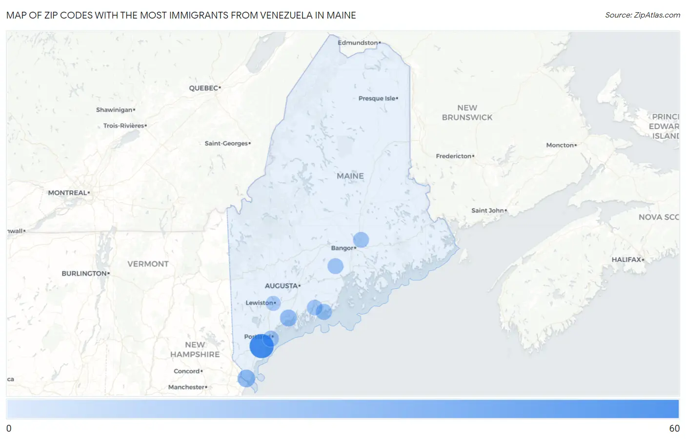 Zip Codes with the Most Immigrants from Venezuela in Maine Map
