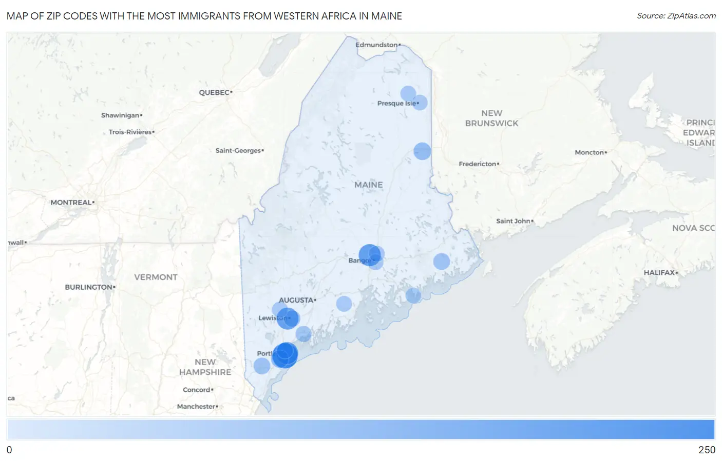 Zip Codes with the Most Immigrants from Western Africa in Maine Map