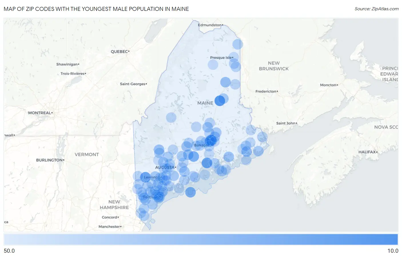 Zip Codes with the Youngest Male Population in Maine Map