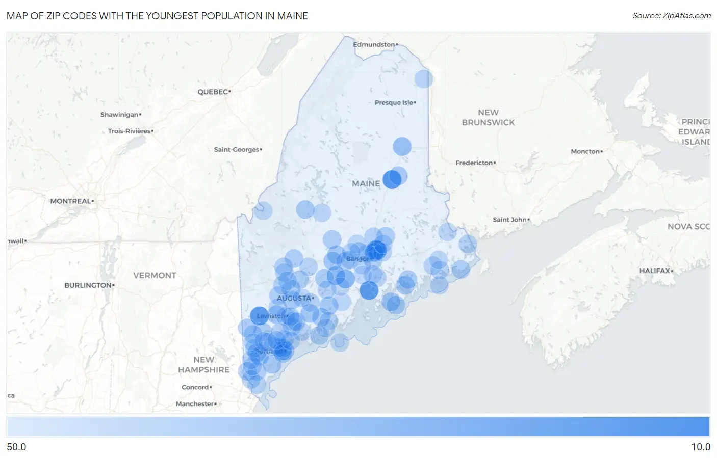 Zip Codes with the Youngest Population in Maine Map