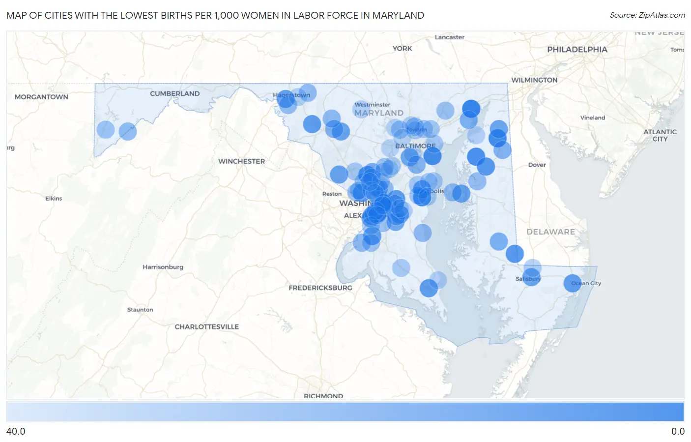 Cities with the Lowest Births per 1,000 Women in Labor Force in Maryland Map