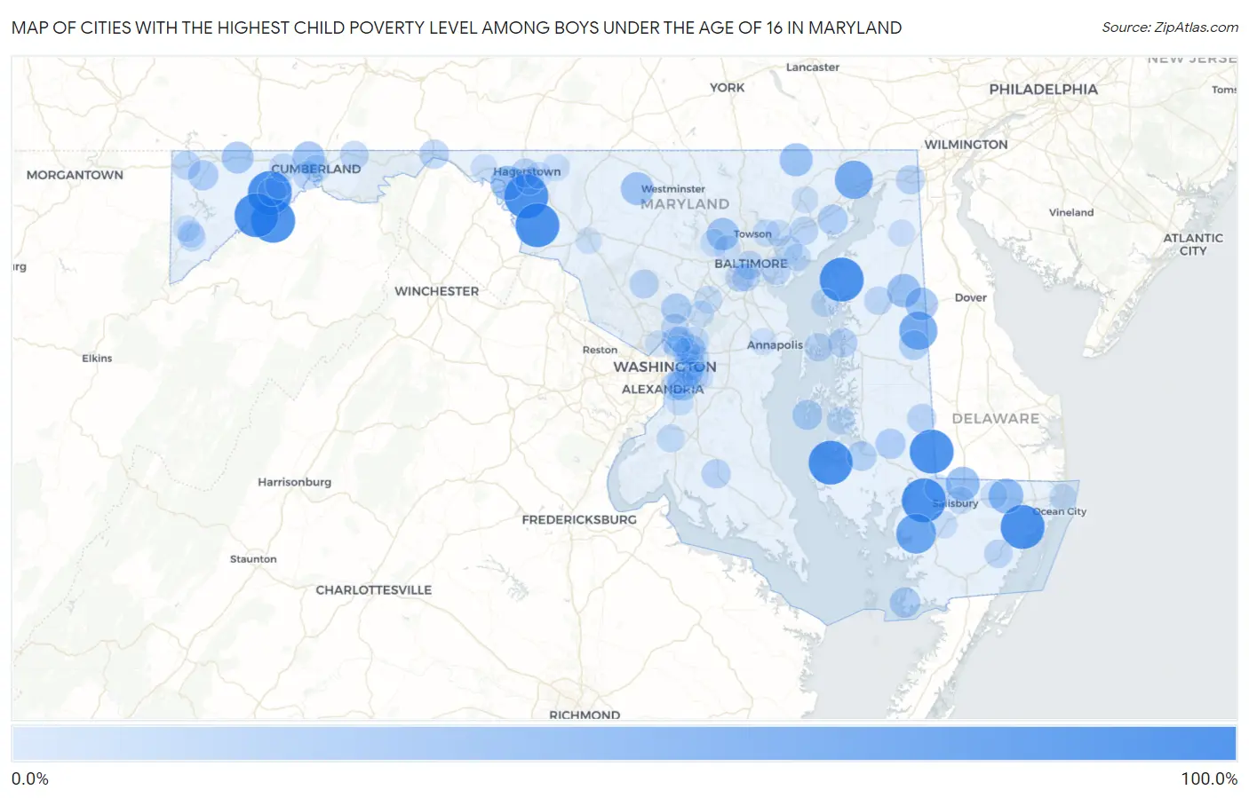 Cities with the Highest Child Poverty Level Among Boys Under the Age of 16 in Maryland Map
