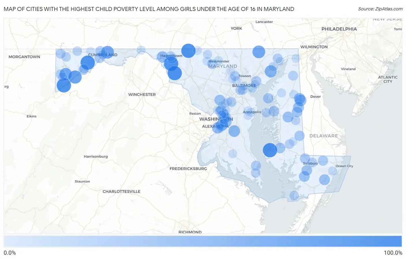 Cities with the Highest Child Poverty Level Among Girls Under the Age of 16 in Maryland Map
