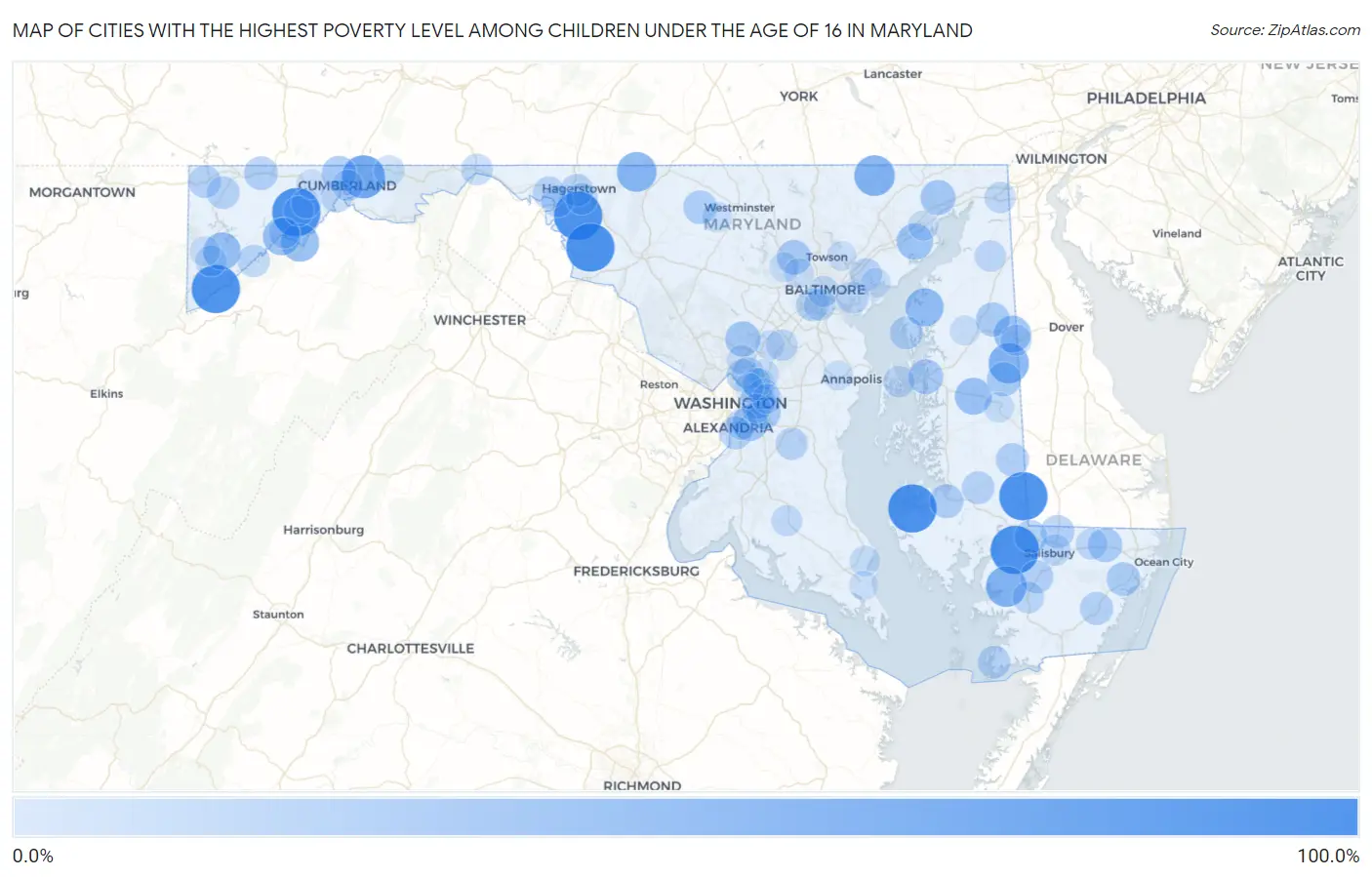 Cities with the Highest Poverty Level Among Children Under the Age of 16 in Maryland Map