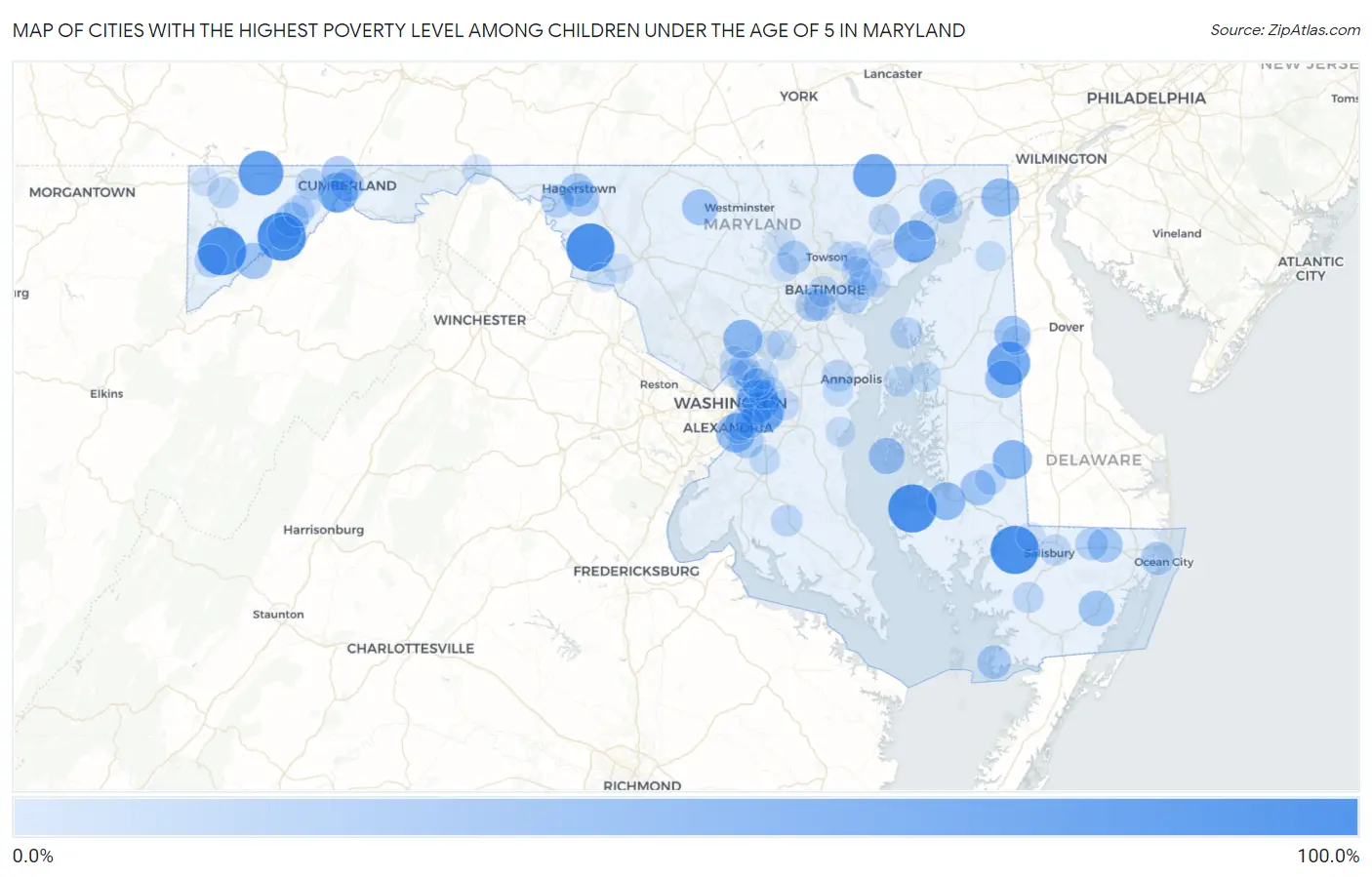 Cities with the Highest Poverty Level Among Children Under the Age of 5 in Maryland Map