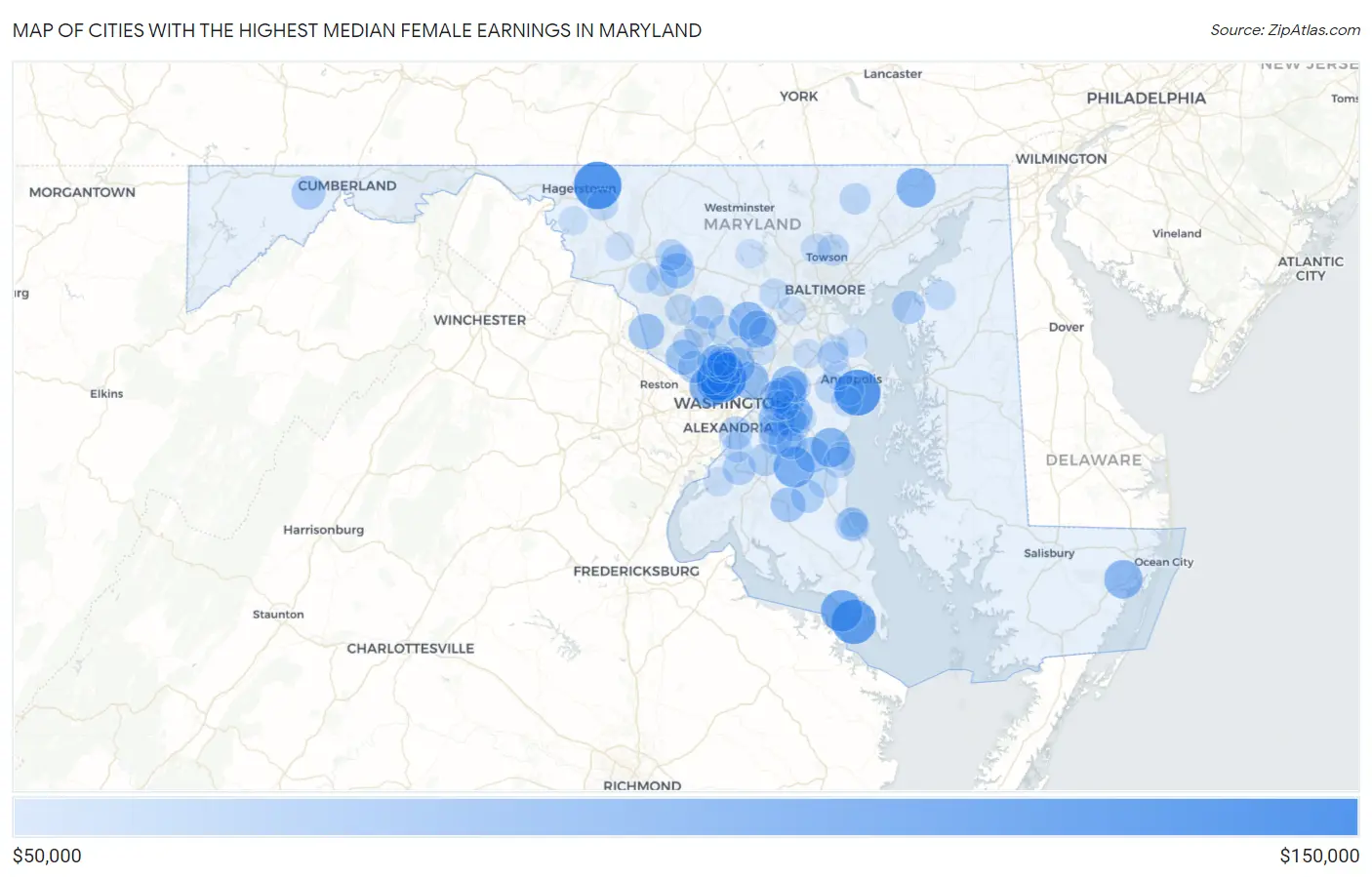 Cities with the Highest Median Female Earnings in Maryland Map