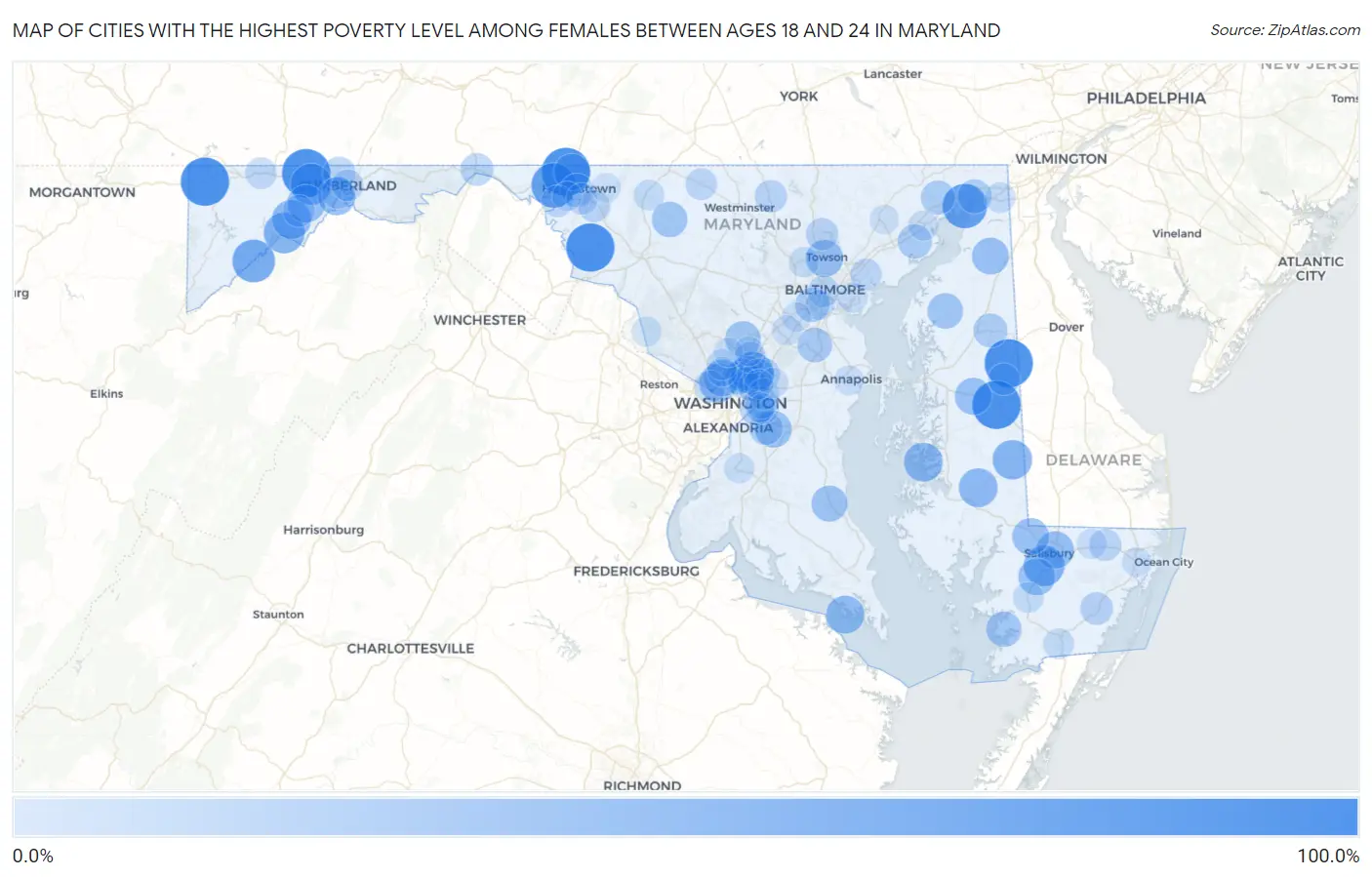 Cities with the Highest Poverty Level Among Females Between Ages 18 and 24 in Maryland Map