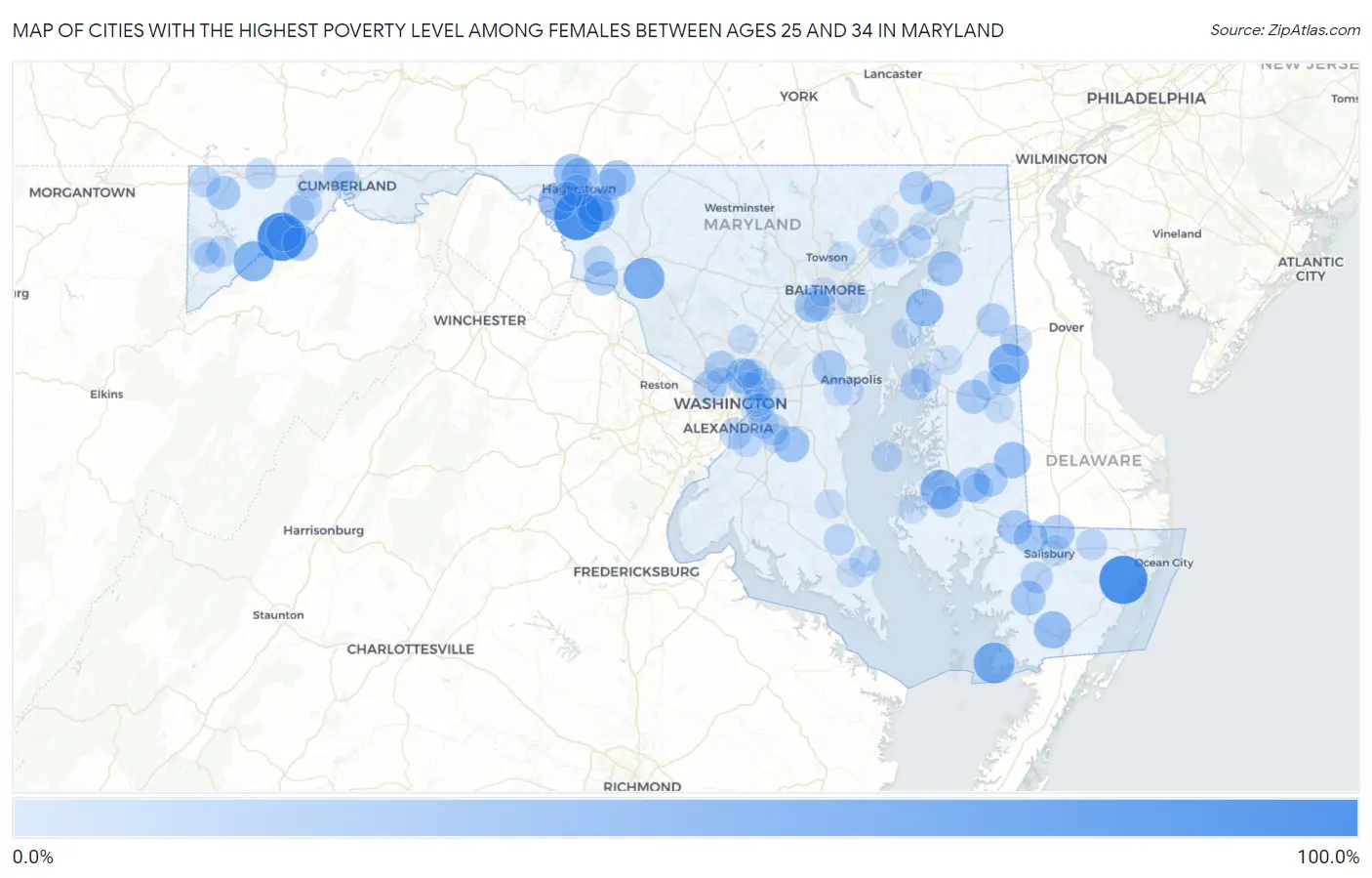 Cities with the Highest Poverty Level Among Females Between Ages 25 and 34 in Maryland Map