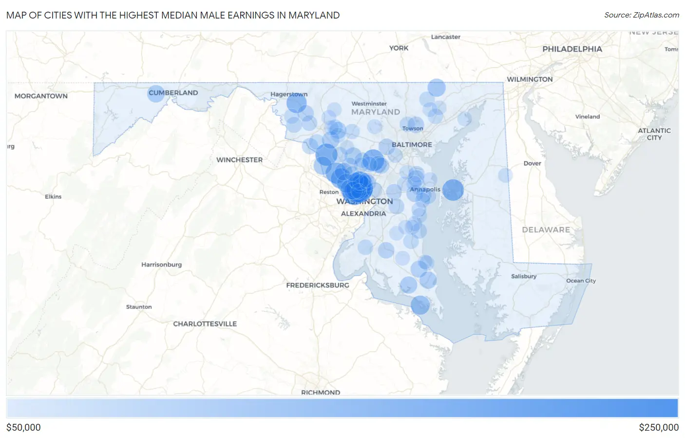 Cities with the Highest Median Male Earnings in Maryland Map