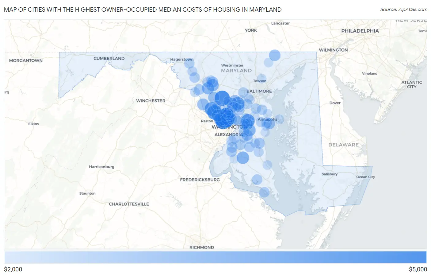 Cities with the Highest Owner-Occupied Median Costs of Housing in Maryland Map