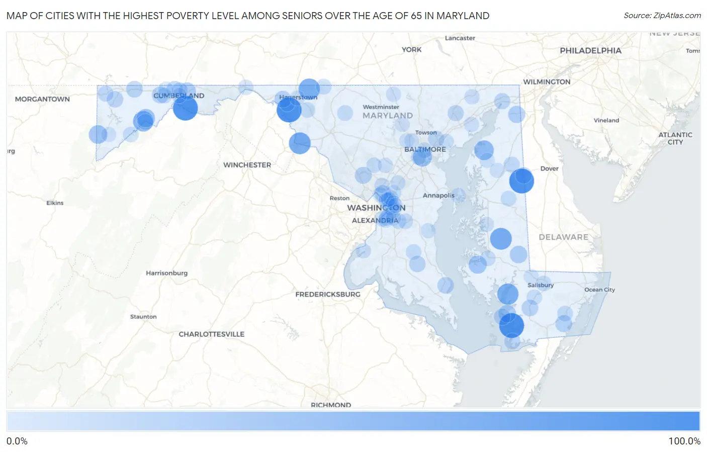 Cities with the Highest Poverty Level Among Seniors Over the Age of 65 in Maryland Map