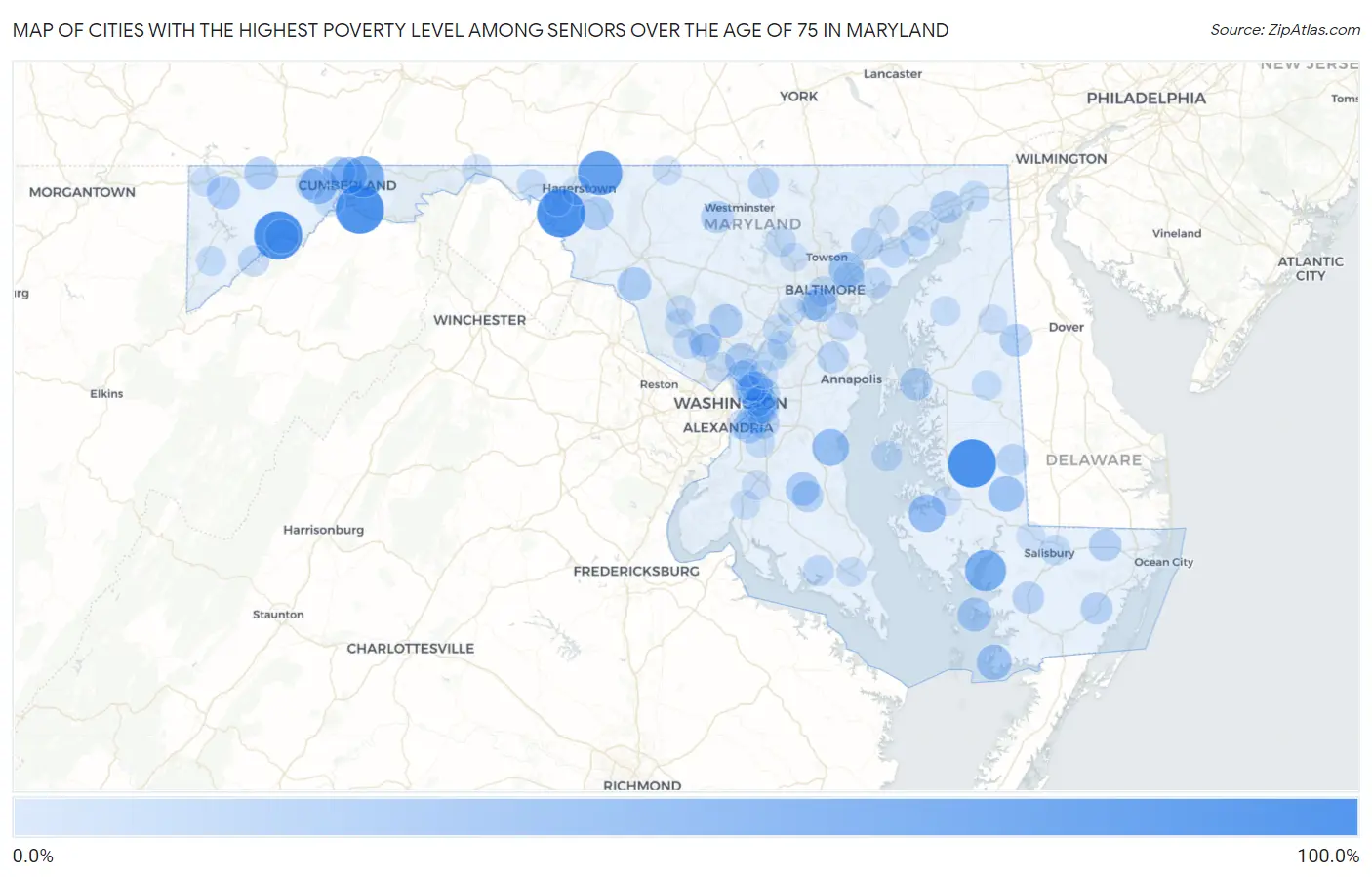 Cities with the Highest Poverty Level Among Seniors Over the Age of 75 in Maryland Map