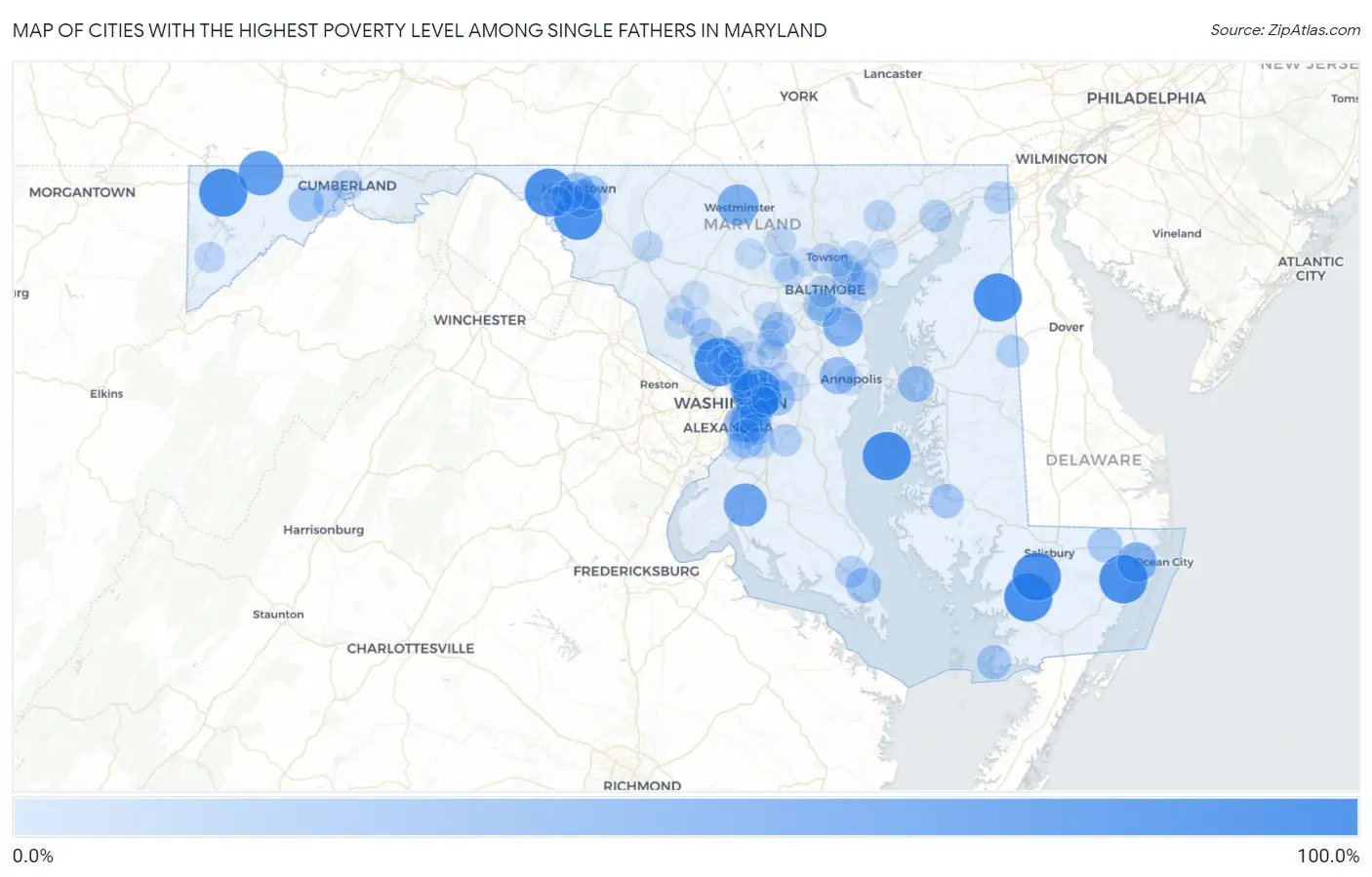 Cities with the Highest Poverty Level Among Single Fathers in Maryland Map