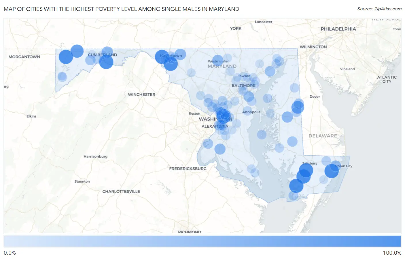 Cities with the Highest Poverty Level Among Single Males in Maryland Map