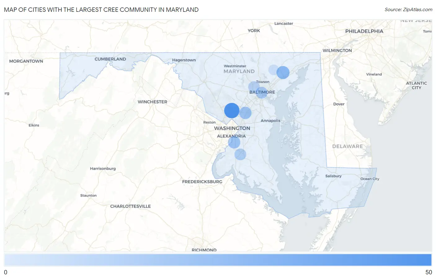 Cities with the Largest Cree Community in Maryland Map