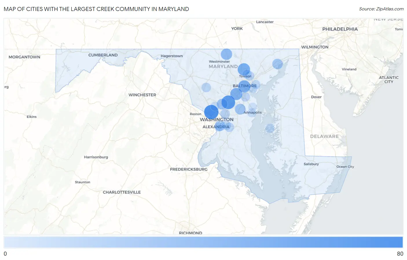 Cities with the Largest Creek Community in Maryland Map