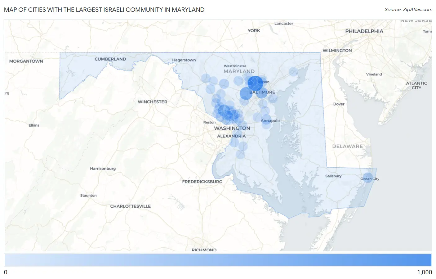 Cities with the Largest Israeli Community in Maryland Map