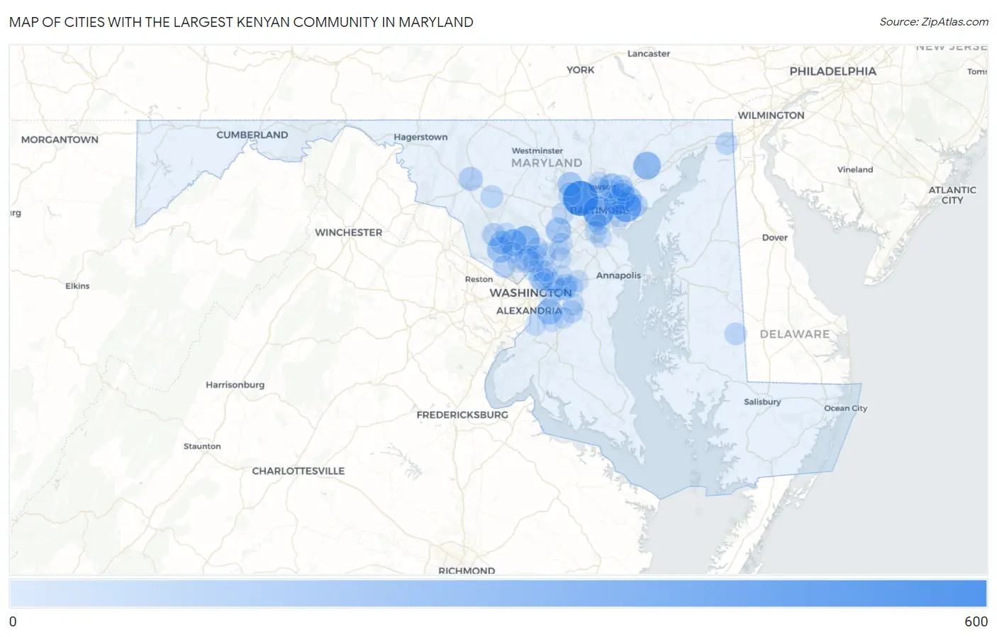 Cities with the Largest Kenyan Community in Maryland Map
