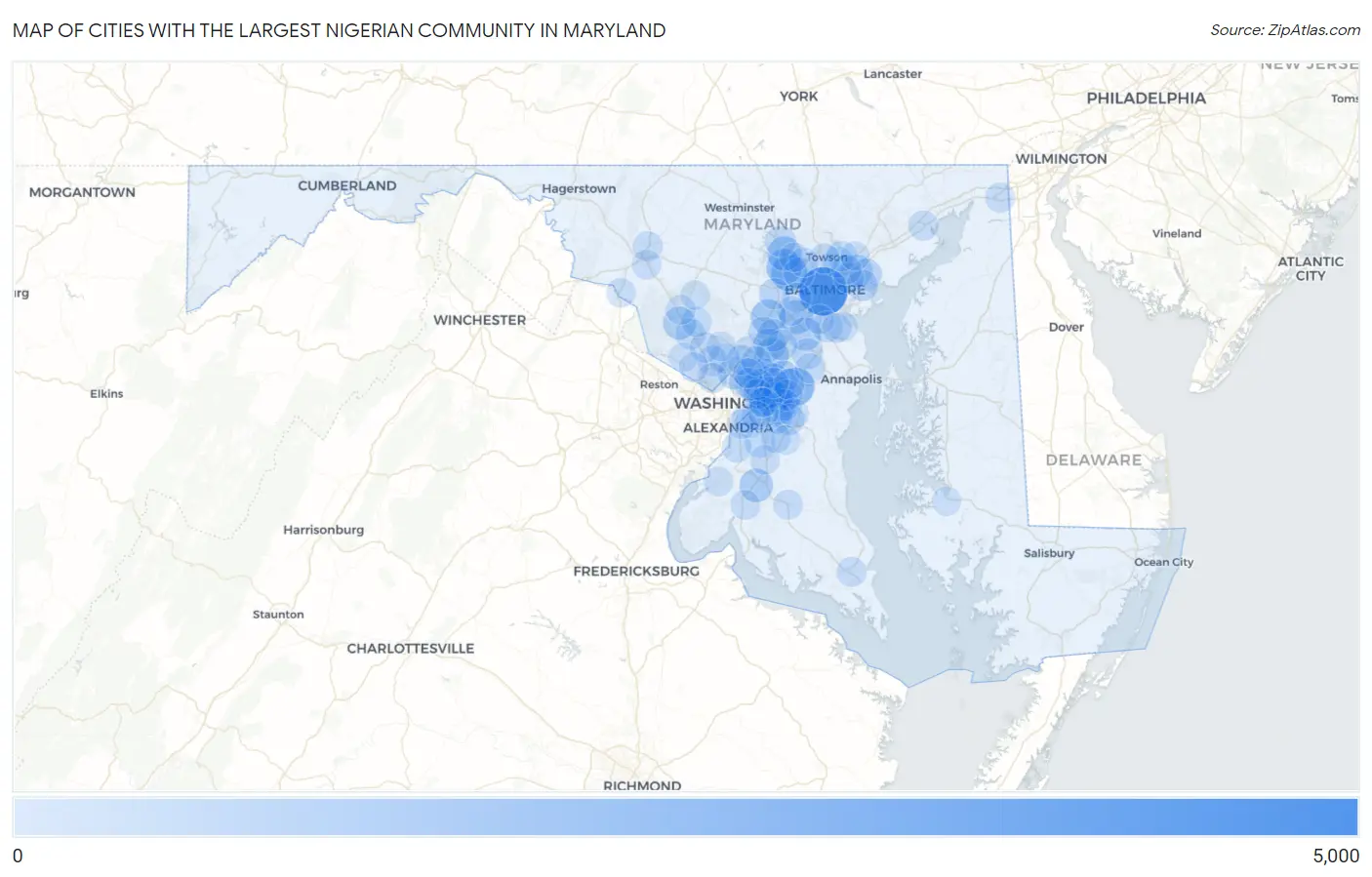 Cities with the Largest Nigerian Community in Maryland Map