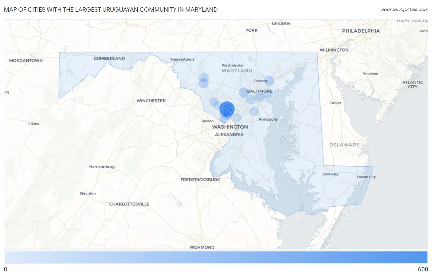 Cities with the Largest Uruguayan Community in Maryland Map