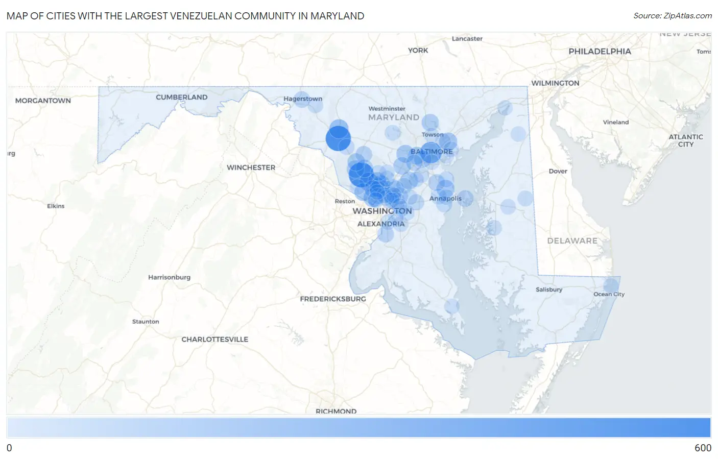 Cities with the Largest Venezuelan Community in Maryland Map