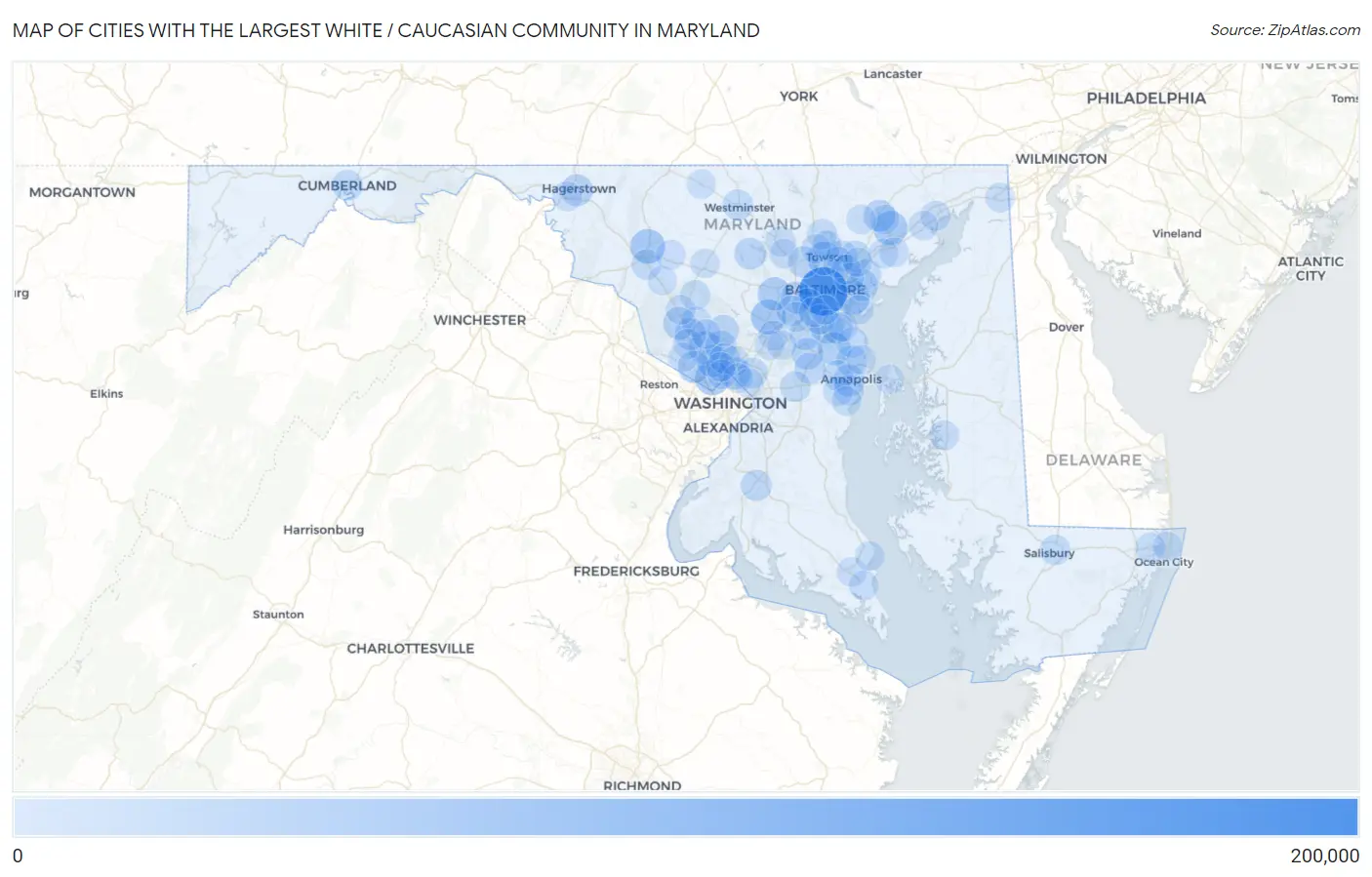 Cities with the Largest White / Caucasian Community in Maryland Map