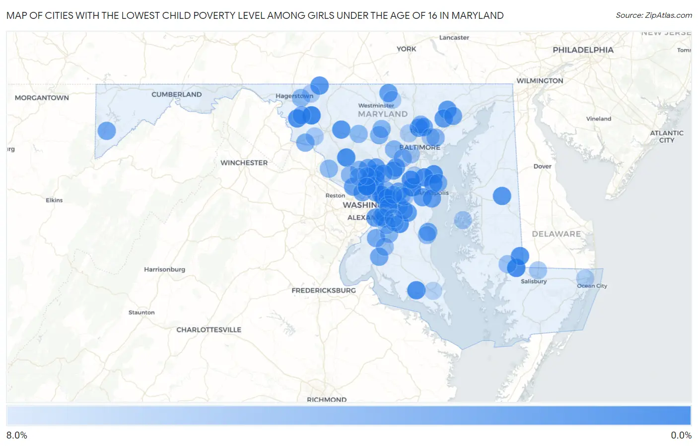 Cities with the Lowest Child Poverty Level Among Girls Under the Age of 16 in Maryland Map