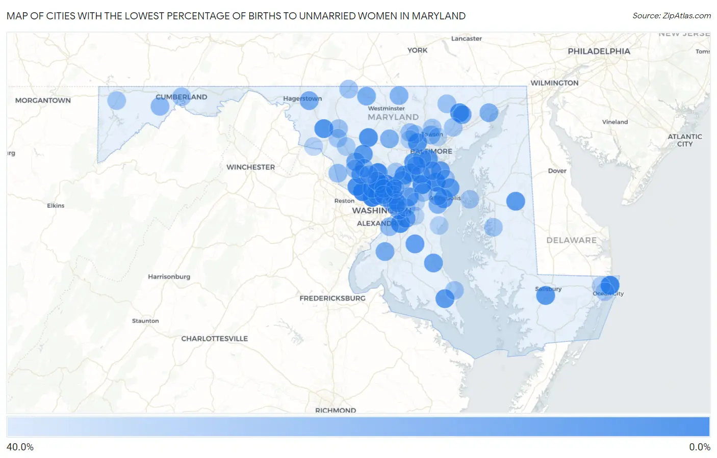 Cities with the Lowest Percentage of Births to Unmarried Women in Maryland Map