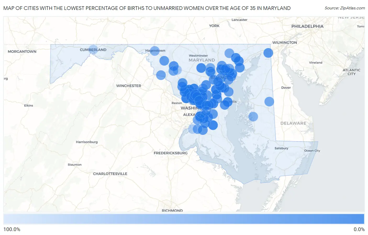 Cities with the Lowest Percentage of Births to Unmarried Women over the Age of 35 in Maryland Map