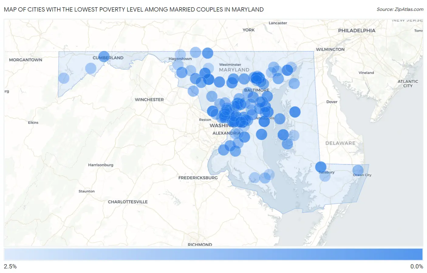 Cities with the Lowest Poverty Level Among Married Couples in Maryland Map