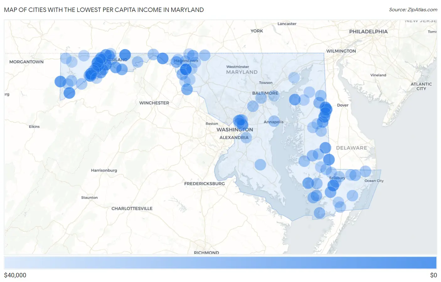 Cities with the Lowest Per Capita Income in Maryland Map