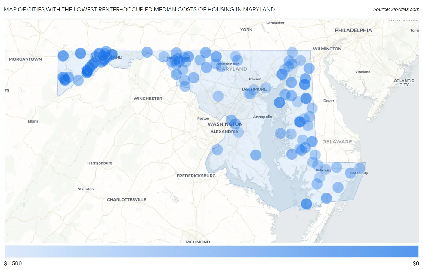 Cities with the Lowest Renter-Occupied Median Costs of Housing in Maryland Map