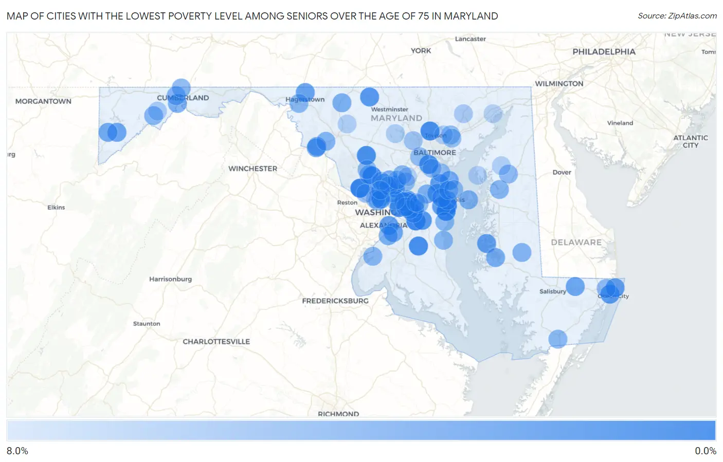 Cities with the Lowest Poverty Level Among Seniors Over the Age of 75 in Maryland Map