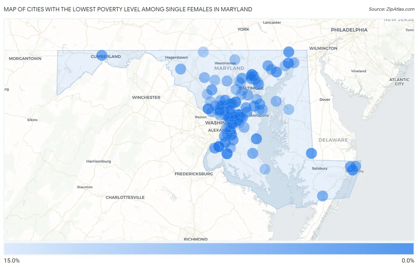 Cities with the Lowest Poverty Level Among Single Females in Maryland Map