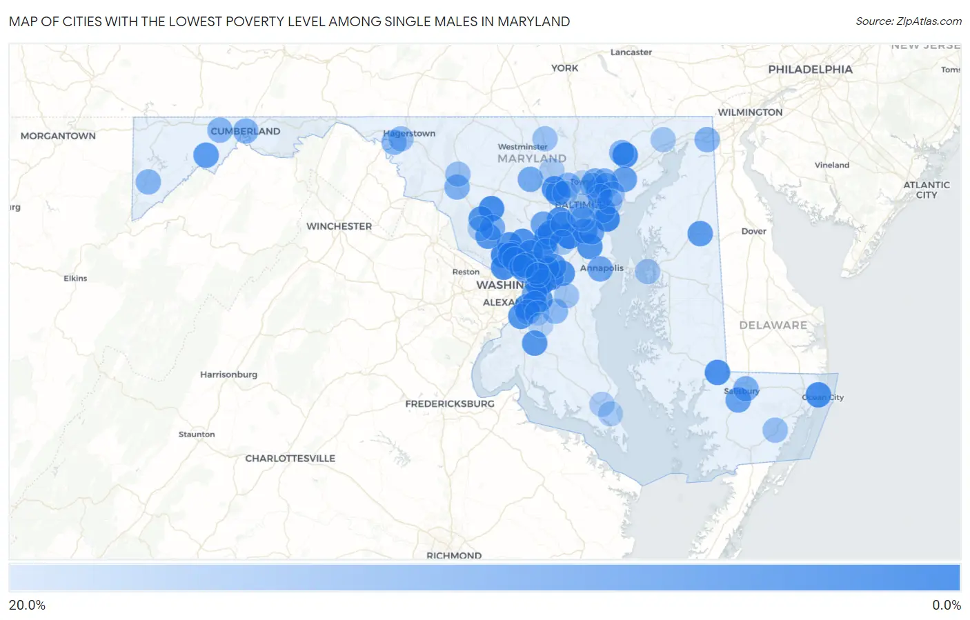 Cities with the Lowest Poverty Level Among Single Males in Maryland Map