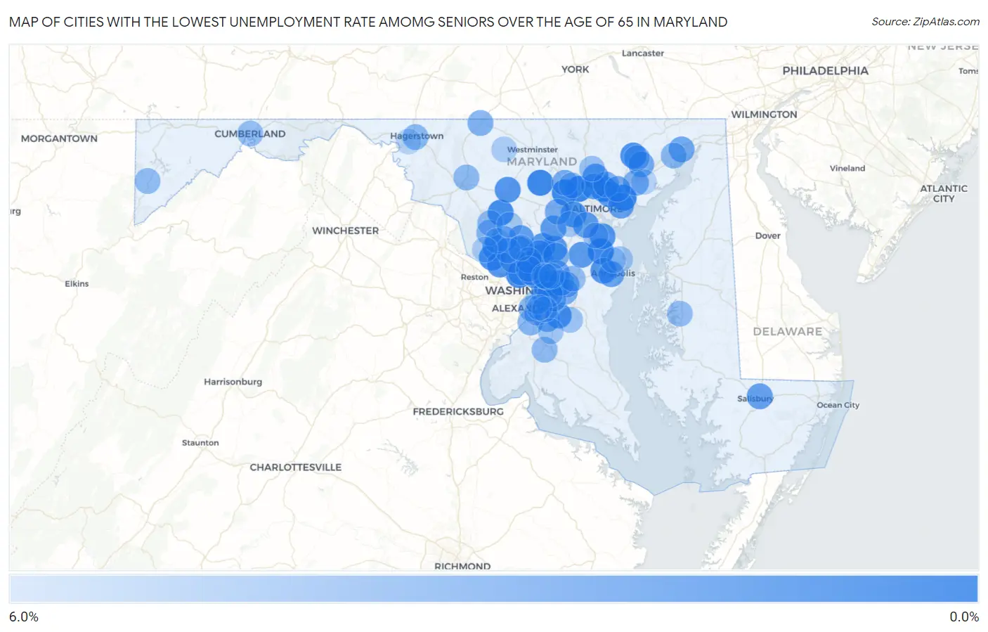Cities with the Lowest Unemployment Rate Amomg Seniors Over the Age of 65 in Maryland Map