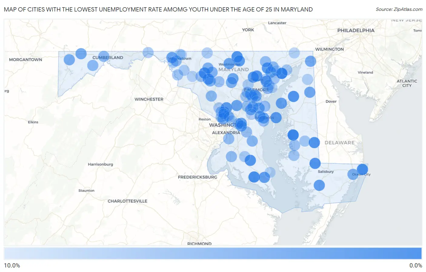Cities with the Lowest Unemployment Rate Amomg Youth Under the Age of 25 in Maryland Map