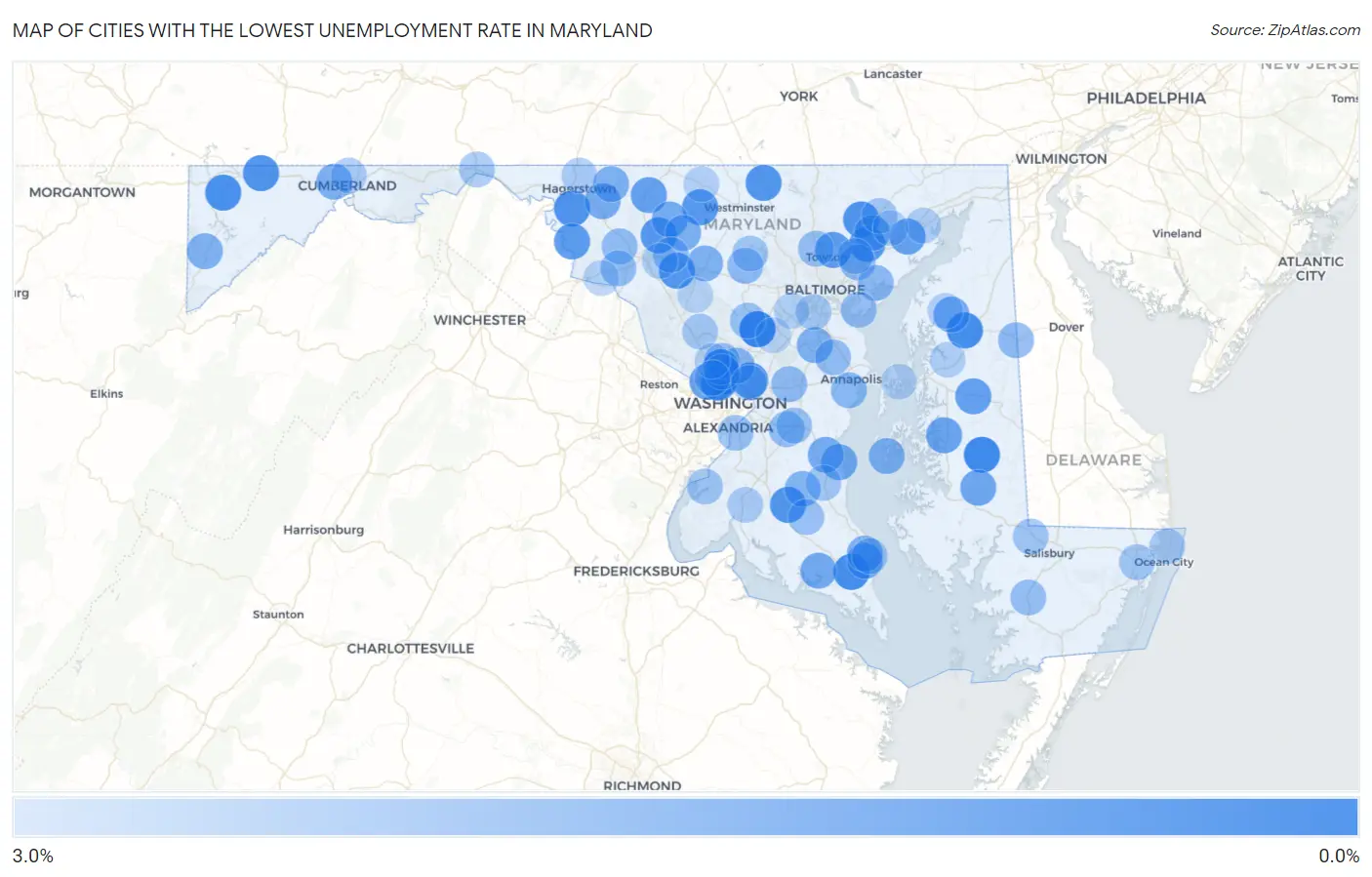 Cities with the Lowest Unemployment Rate in Maryland Map
