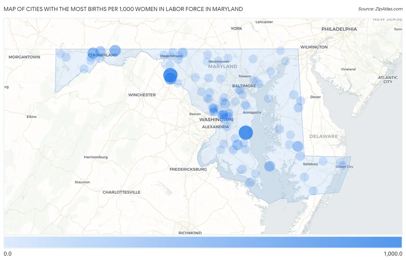 Cities with the Most Births per 1,000 Women in Labor Force in Maryland Map